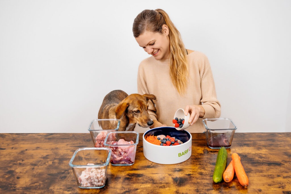 BARF-Concept Hundeernährungsberaterin Teresa sitzt am Tisch, auf dem Tisch BARF Futter, Fleisch, Obst, Gemüse, artgerechte Hundefütterung